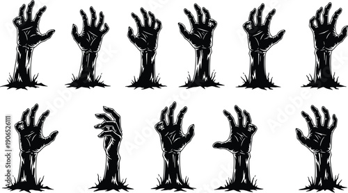 Set of spooky zombie hands emerging from ground, black silhouette horror illustration collection for Halloween themes, creepy undead grave concept artwork bundle
