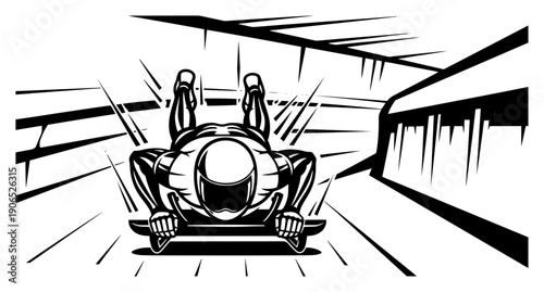 Professional skeleton athlete sliding fast down an icy track in black and white vector style