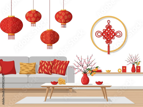 Festive Lunar New Year celebration decor with hanging red lanterns, large wall ornament, and lucky coins