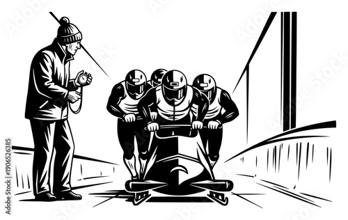 Four man bobsleigh team at the start line with coach timing them in woodcut style