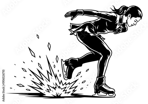 Dynamic figure skater creating an ice splash while skating in woodcut vector style