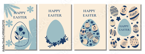 Set of Easter cards with with blue eggs decorated flowers and folk ornaments. Pastel vector illustrations for festive posters and seasonal celebration.