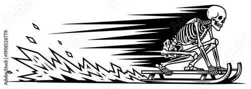 Fast human skeleton riding a traditional wooden sled at high speed on ice