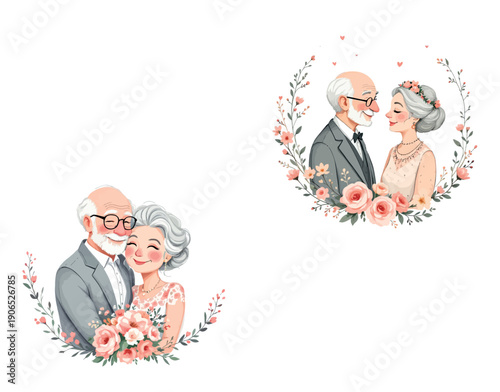 Elderly couple celebrating love and anniversary with flowers
