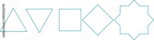 Vibrant green geometric shapes: triangle, inverted triangle, square, diamond, and star, arranged in a line on a white background. Ideal for graphic design, patterns, and abstract themes.