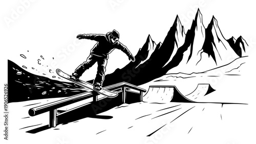 Snowboarder doing a rail slide trick in mountain snow park woodcut style