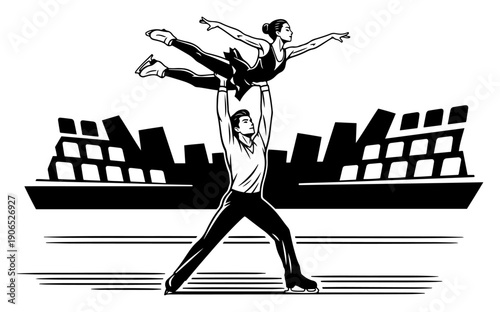 Pair figure skaters performing overhead lift on ice rink in woodcut style