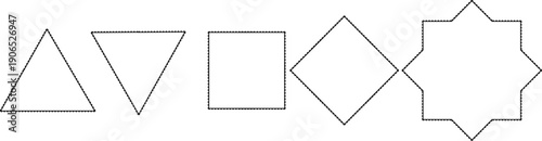 Classic black geometric shapes progression: triangle, inverted triangle, square, diamond, and an eight-pointed star, displayed in order on a white background. Versatile for design, patterns, and abstr