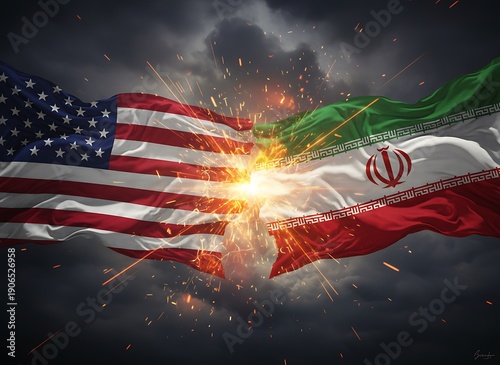 Flags of Iran and USA. Crack between state symbols. Concept of political conflict with USA. Severance of relations with Iran. Patriotic banners of USA and Iran. Diplomatic relations, US-Iran Geopoliti