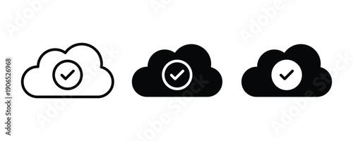 Saved to drive icon pack. Cloud with check or tick vector sign. Saved to cloud storage symbol.