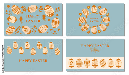 Vector set of Easter web banners with wreath of eggs decorated floral pattern and folk ornaments. Christian holiday background for landing pages, and social media.