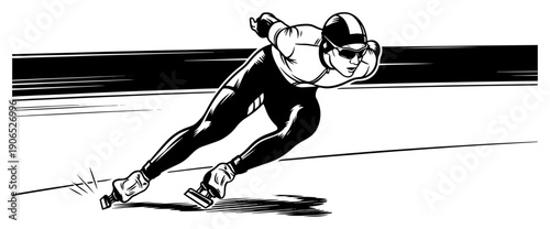 Aerodynamic speed skater racing on ice track in minimalist woodcut style