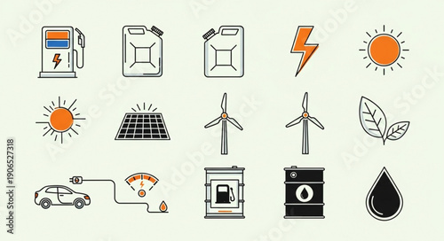 Collection of renewable energy and fuel icons.