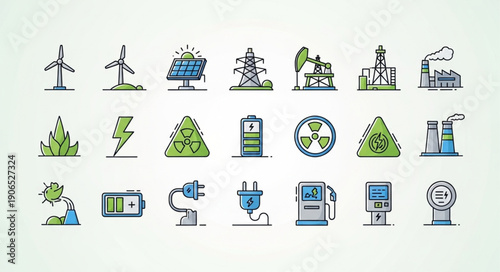 Collection of renewable energy and environmental icons.