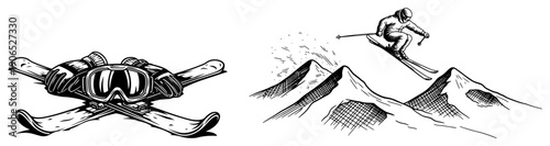 Set of winter ski equipment and a dynamic downhill skier jumping over mountain peaks in black and white vector art