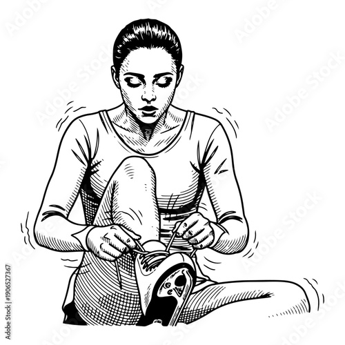 Female figure skater tying her ice skate laces before performance in woodcut style