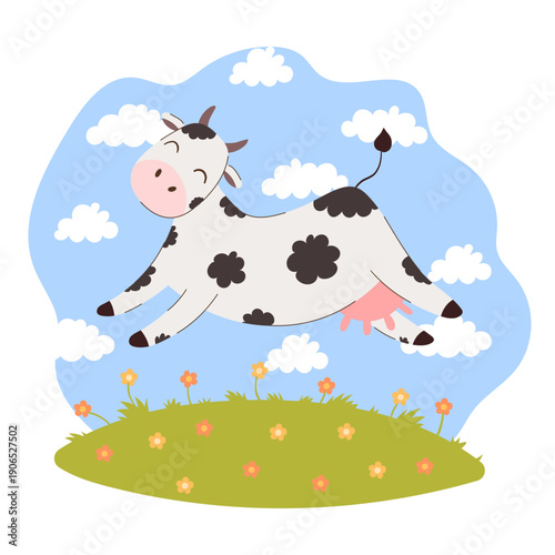 funny doodle style cow with spots, happily jumping on grassy field surrounded by flowers under blue sky with clouds. Ideal for kids illustrations, nursery design, greeting cards, learning apps