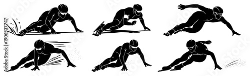 Collection of speed skating silhouettes racing in various dynamic poses in woodcut style