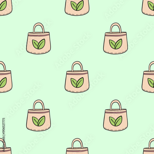 Doodle seamless pattern eco shopper bags with green leaves on soft green background. concept of sustainability, eco-friendly lifestyle and conscious consumption