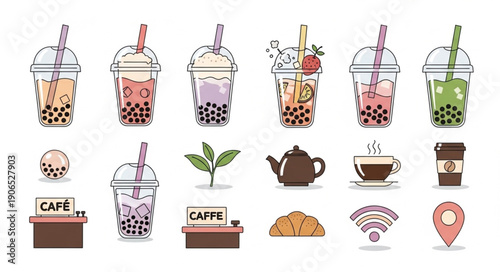 Collection of refreshing bubble tea drinks and cafe items.