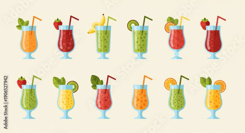 Collection of Refreshing Fruit Juice Drinks with Straws and Garnishes.