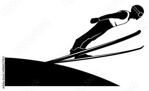 Ski jumper athlete soaring in the air during winter sports competition silhouette vector