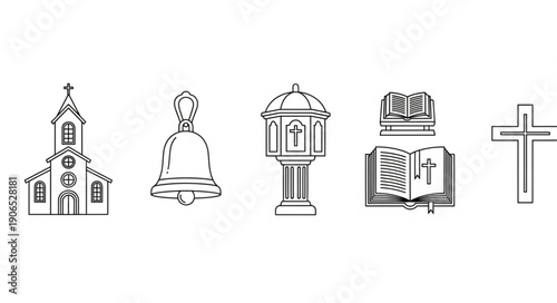 Collection of religious symbols and icons in sketch style.