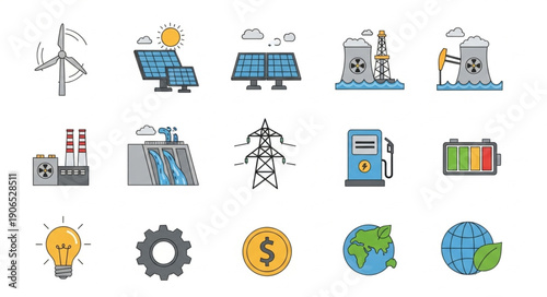 Collection of renewable and non-renewable energy source icons.