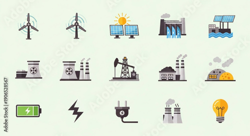 Collection of renewable and non-renewable energy source icons.