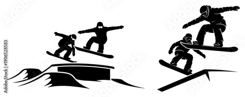 Black and white silhouette set of snowboarders performing professional jumps and rail slides at a snow park