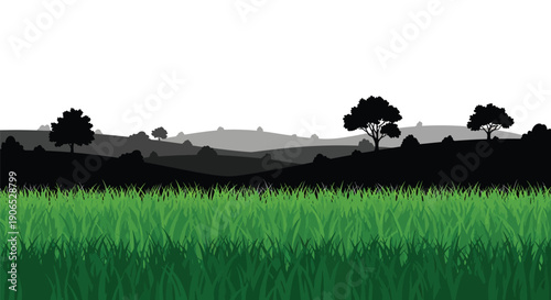 A silhouetted landscape featuring rolling hills and a vibrant green foreground