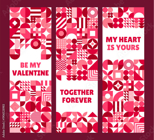 Valentines day banners with geometric patterns and abstract shapes in shades of pink and maroon, with romantic messages like together forever, my heart is yours, and be my valentine. Festive cards set