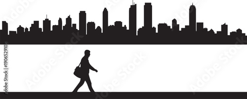 Businessman walking past city skyline over water surface vector silhouette