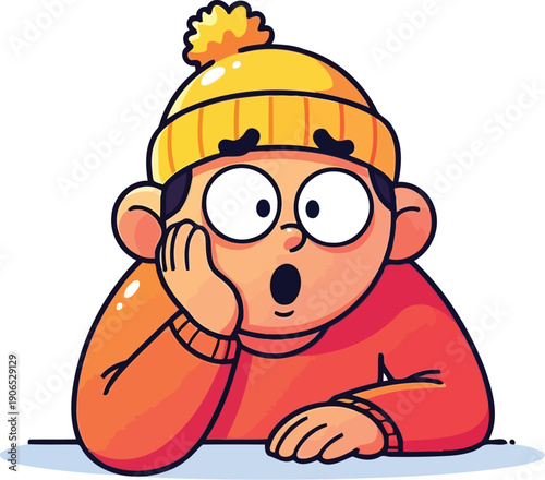 Surprised cartoon man with yellow beanie asking wait what in shock