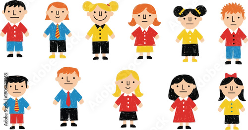 Collection of Youthful Figures: A delightful assembly of cartoon youngsters, each distinct in attire and expression, stands in neat arrangement.