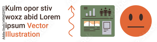 Communication, data analysis, user satisfaction, technology, infographics, feedback systems. Graphic panel with charts, icons and an orange face emoticon. Data analysis and communication concept