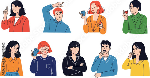 Diverse Individuals: A collection of stylized illustrations featuring individuals engaged in various activities, each one expressing their thoughts.