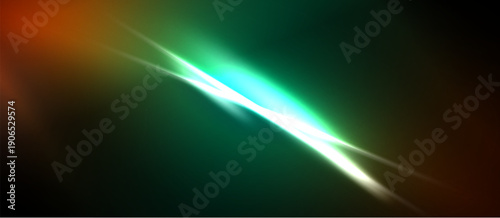 Abstract light streaks, vibrant colors blend. Green, orange, white radiate from central point. Dark background emphasizes luminosity.