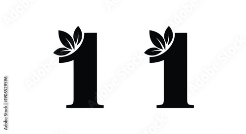 Stylized number eleven with leafy floral designs in black and white