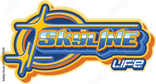 Y2k streetwear skyline life vintage label or icon. Streetwear futuristic vintage cool icon, apparel graphic Y2K vector sticker. Clothing label with metallic blue and yellow typography, stars sparks