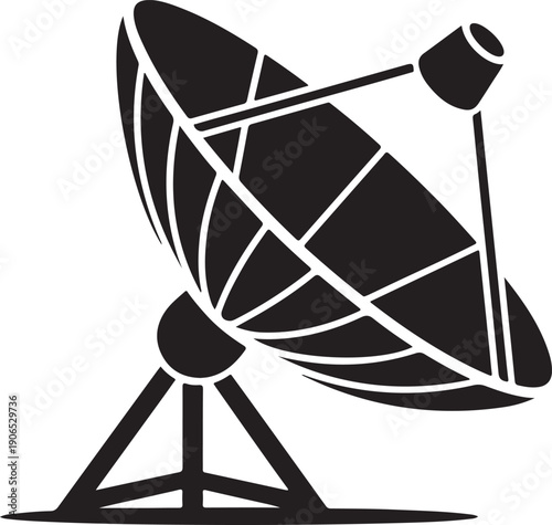 A bold silhouette of a satellite dish, representing technology, communication, and broadcasting.