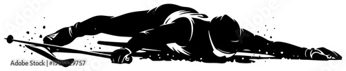 Silhouette of an exhausted or fallen cross country skier lying on snow after race