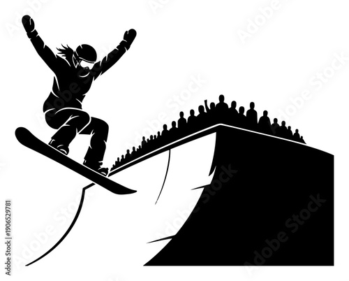 Professional snowboarder celebrating successful freestyle jump on halfpipe ramp with crowd silhouette