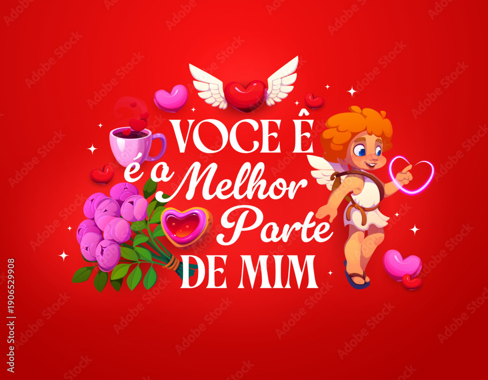 Naklejka premium Valentine Day voce e a melhor parte de mim spanish greeting quote vector typography. Cartoon cute cherub Cupid character, winged love heart and flowers Valentine Day greeting card with romantic quote