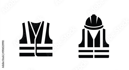 Black silhouette icons of a safety vest and construction helmet