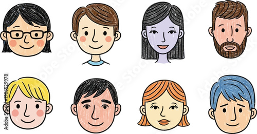 Diverse Portraits of Faces: A charming assortment of drawn faces, each showcasing unique features and expressions, capturing a spectrum of individuality and representing a blend of character.