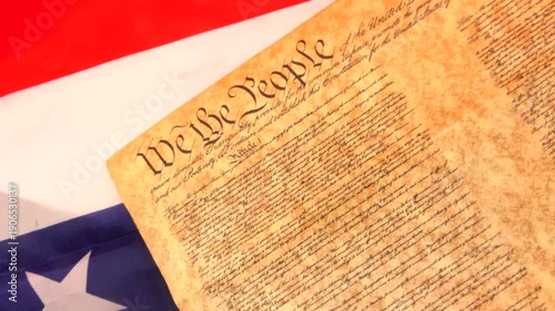 A dramatic image of the U.S. Constitution resting on a burning American flag, symbolizing protest, civil liberties, and the ongoing tension between patriotism and dissent