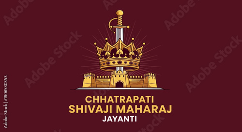 Illustration celebrating Chhatrapati Shivaji Maharaj Jayanti with a crown and sword, symbolizing Hindavi Svarajya and Indian nationalism.