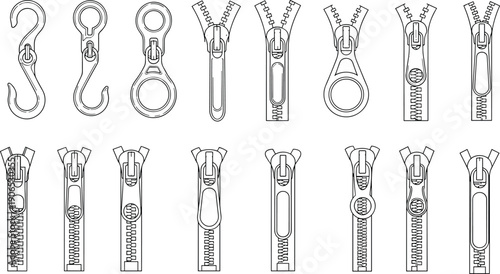 Zipper, slider, puller, fastener, sewing, tailoring, clothing, accessory, metal, plastic, set, vector, illustration, fashion, garment, detail, tool, design, collection, kit