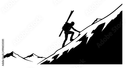 Silhouette of a ski mountaineer carrying skis while climbing a steep snow covered mountain peak